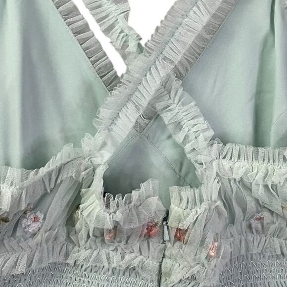 Mac Duggal Tiered Ruffle Cross-Back Smock-Waist Floral Embroidered Gown - Picture 10 of 12